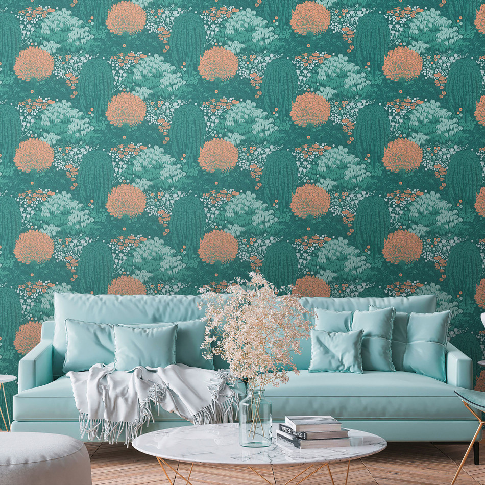 FL61132 Fairytale Leaves Motif Flourish Green and Orange Wallpaper By Galerie FL61132 Fairytale Leaves Motif Flourish Green and Orange Wallpaper By Galerie