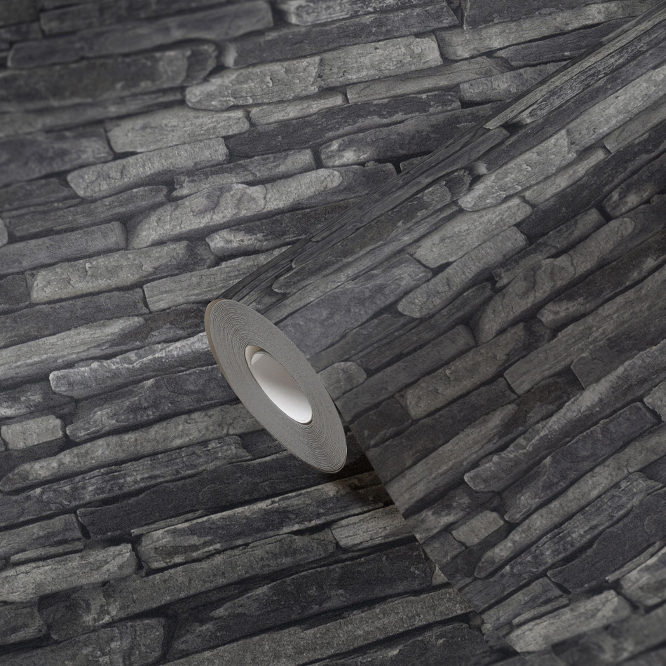BB51146 Rocky Retreat Motif Bricks and More Grey and Black Wallpaper By Galerie