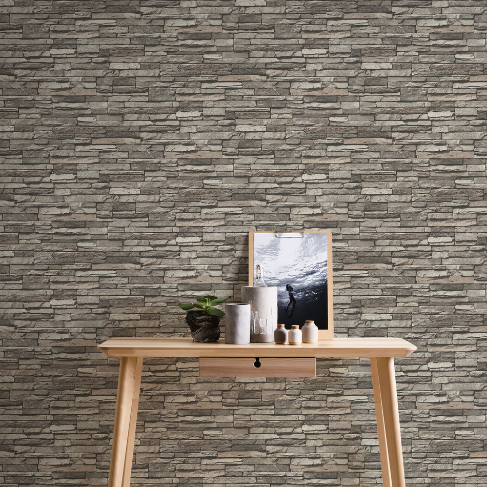 BB51148 Graceful Granite Motif Bricks and More Cream, Grey and Black Wallpaper By Galerie