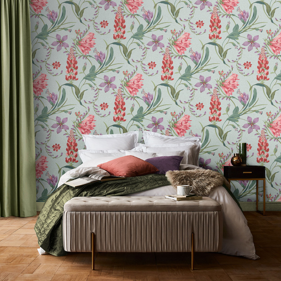 131672 Botanists Scroll Concerto Duck Egg Wallpaper By Graham & Brown
