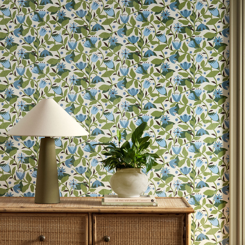 113284 Dancing Daisies Oakham Cornflower Wallpaper by Scion