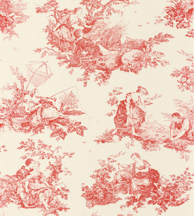 White Bathroom with Red Toile Pagoda Wallpaper  Cottage  Bathroom