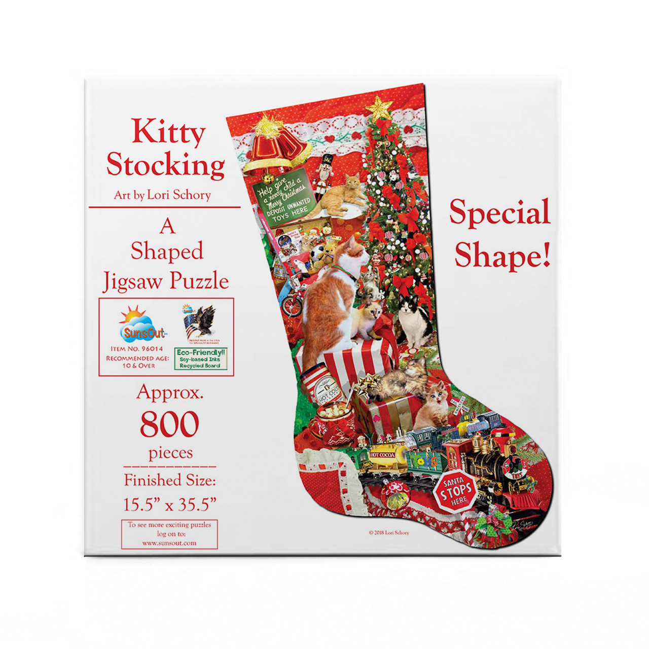 SUNSOUT INC - Kitty Stocking - 800 pc Special Shape Jigsaw Puzzle by  Artist: Lori Schory - Finished Size 15.5'' x 35.5'' Christmas - MPN# 96014