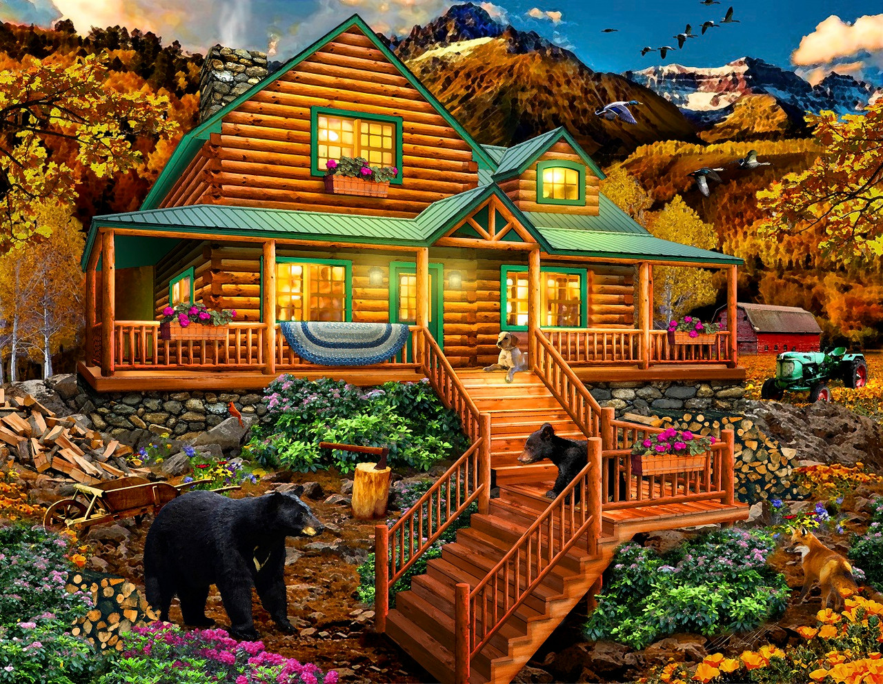 SUNSOUT INC - Mountain Cabin Visitors - 1000 pc Large Pieces Jigsaw Puzzle  by Artist: Chris Dobrowolski - Finished Size 27