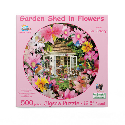 SUNSOUT INC - Garden Shed in Flower - 500 pc Round Jigsaw Puzzle by Artist: Lori Schory - Finished Size 19.5" rd Garden - MPN# 35254