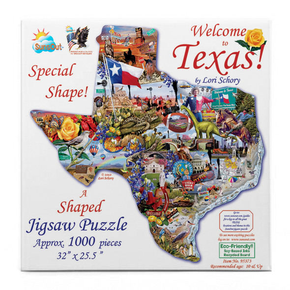 SUNSOUT INC - Welcome to Texas - 1000 pc Special Shape Jigsaw Puzzle by Artist: Lori Schory - Finished Size 32" x 25.5" Travel - MPN# 95373