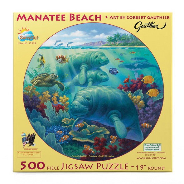 SUNSOUT INC - Manatee Beach - 500 pc Round Jigsaw Puzzle by Artist: Corbert Gauthier - Finished Size 19.5" rd - MPN# 55968