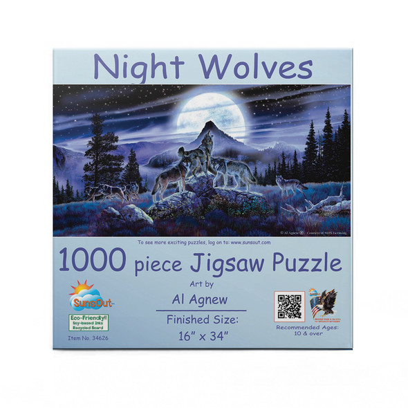 SUNSOUT INC - Night Wolves - 1000 pc Jigsaw Puzzle by Artist: Al Agnew - Finished Size 16" x 34" - MPN# 34626