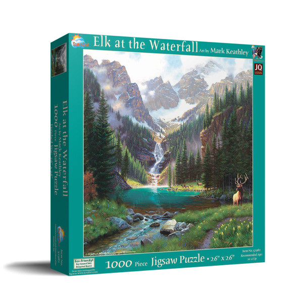 SUNSOUT INC - Elk at the Waterfall - 1000 pc Jigsaw Puzzle by Artist: Mark Keathley - Finished Size 26" x 26" - MPN# 52982