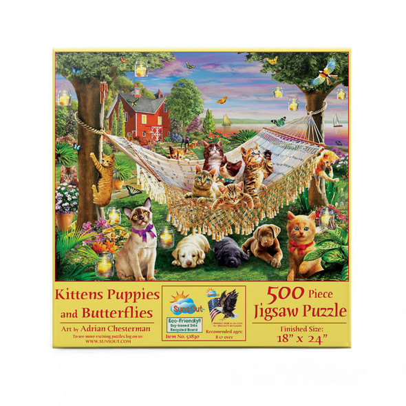 SUNSOUT INC - Kittens Puppies and Butterflies - 500 pc Jigsaw Puzzle by Artist: Adrian Chesterman - Finished Size 18" x 24" - MPN# 51830