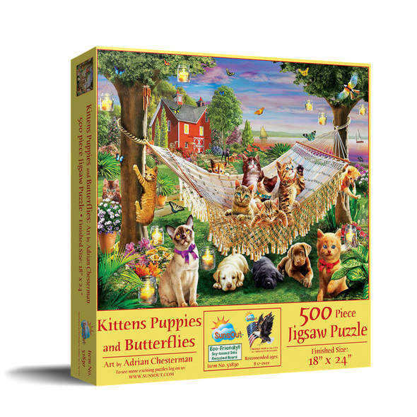 SUNSOUT INC - Kittens Puppies and Butterflies - 500 pc Jigsaw Puzzle by Artist: Adrian Chesterman - Finished Size 18" x 24" - MPN# 51830