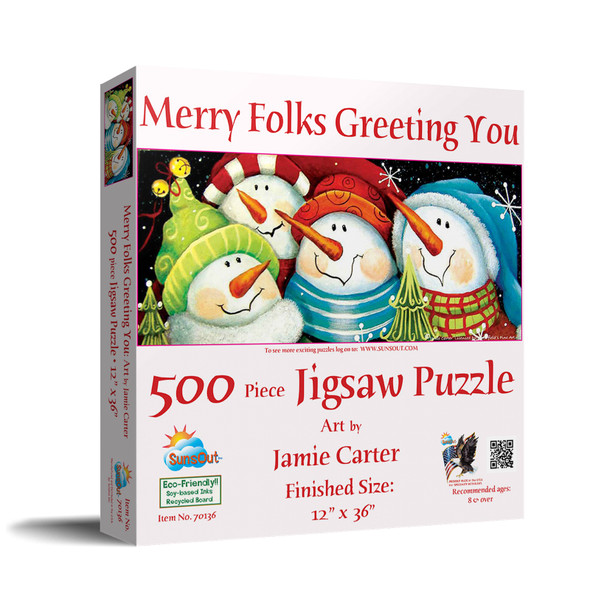 SUNSOUT INC - Merry Folks Greeting You - 500 pc Jigsaw Puzzle by Artist: Jamie Carter - Finished Size 12" x 36" Christmas - MPN# 70136