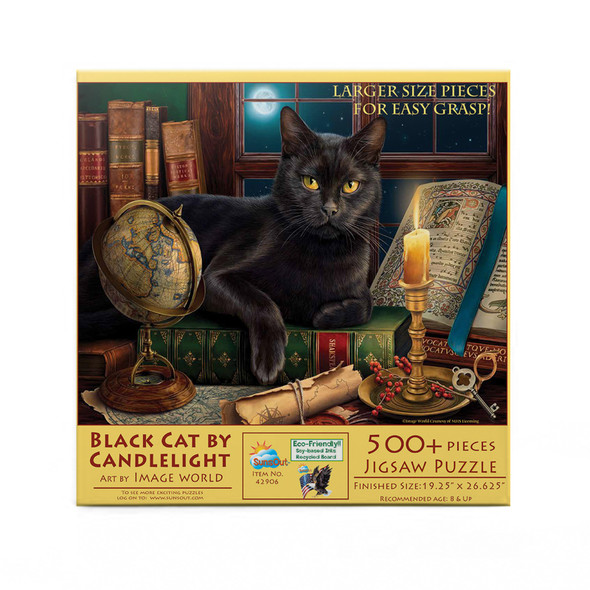 SUNSOUT INC - Black Cat by Candlelight - 500 pc Large Pieces Jigsaw Puzzle by Artist: Image World - Finished Size 19.25" x 26.625" - MPN# 42906 SUNSOUT INC - Black Cat by Candlelight - 500 pc Large Pieces Jigsaw Puzzle by Artist: Image World - Finished Size 19.25" x 26.625" - MPN# 42906