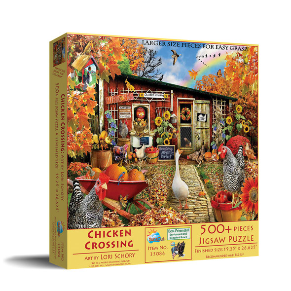 SUNSOUT INC - Chicken Crossing - 500 pc Large Pieces Jigsaw Puzzle by Artist: Lori Schory - Finished Size 19.25" x 26.625" - MPN# 35086