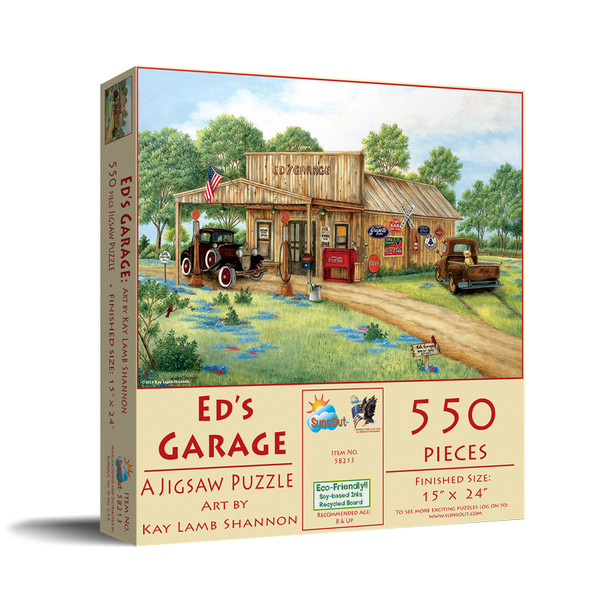 SUNSOUT INC - Ed's Garage - 550 pc Jigsaw Puzzle by Artist: Kay Lamb Shannon - Finished Size 15" x 24" - MPN# 58213