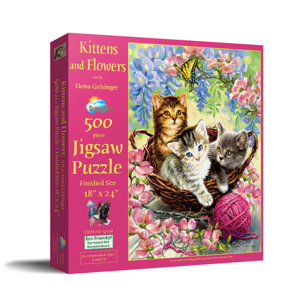 SUNSOUT INC - Kittens and Flowers - 500 pc Jigsaw Puzzle by Artist: Dona Gelsinger - Finished Size 18" x 24" - MPN# 57216