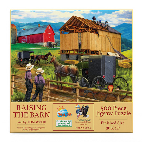 SUNSOUT INC - Raising the Barn - 500 pc Jigsaw Puzzle by Artist: Tom Wood - Finished Size 18" x 24" - MPN# 28910
