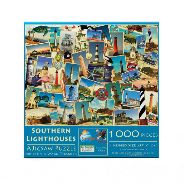 SUNSOUT INC - Southern Lighthouses - 1000 pc Jigsaw Puzzle by Artist: Kate Ward Thacker - Finished Size 20" x 27" - MPN# 70061