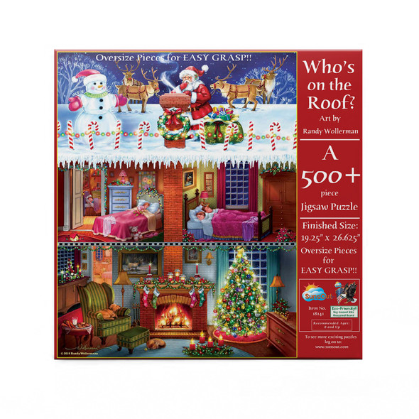 SUNSOUT INC - Who's on the roof - 500 pc Large Pieces Jigsaw Puzzle by Artist: Randy Wollenmann - Finished Size 19.25" x 26.625" Christmas - MPN# 18141