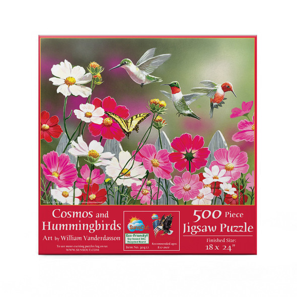 SUNSOUT INC - Cosmos and Hummingbirds - 500 pc Jigsaw Puzzle by Artist: William Vanderdasson - Finished Size 18" x 24" - MPN# 30412