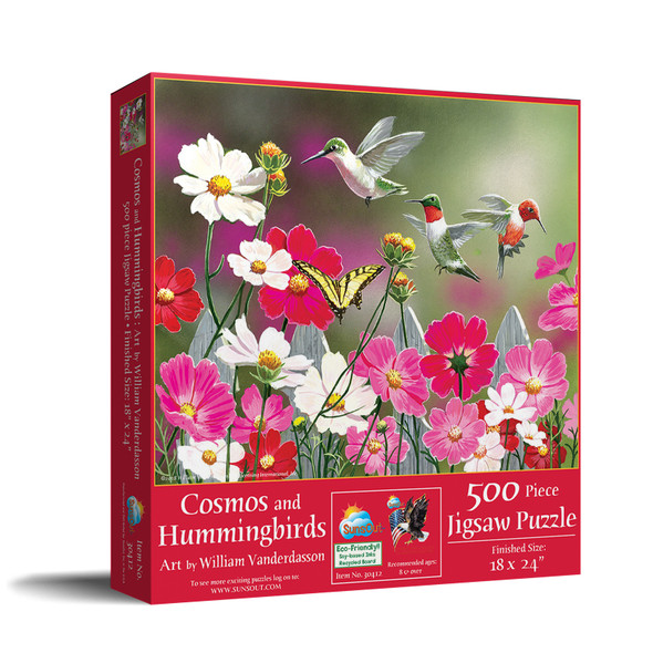 SUNSOUT INC - Cosmos and Hummingbirds - 500 pc Jigsaw Puzzle by Artist: William Vanderdasson - Finished Size 18" x 24" - MPN# 30412