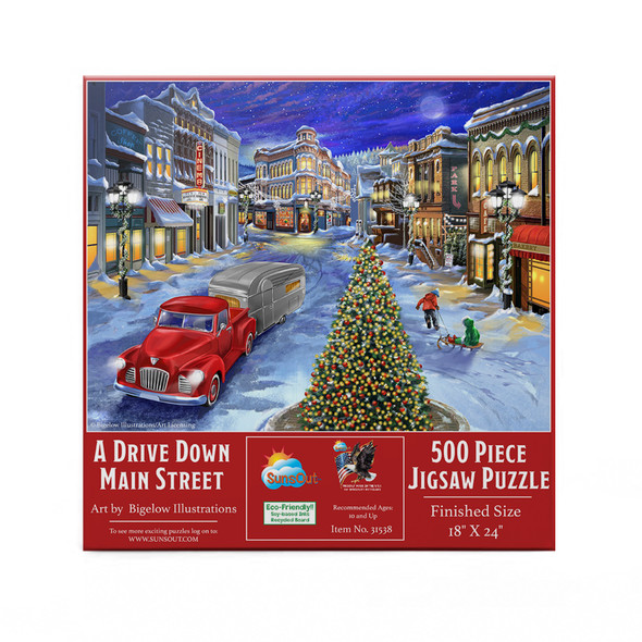 SUNSOUT INC - A Drive Down Main Street - 500 pc Jigsaw Puzzle by Artist: Bigelow Illustrations - Finished Size 18" x 24" Christmas - MPN# 31538