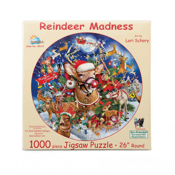 SUNSOUT INC - Reindeer Madness - 1000 pc Round Jigsaw Puzzle by Artist: Lori Schory - Finished Size 26" rd Christmas - MPN# 35114