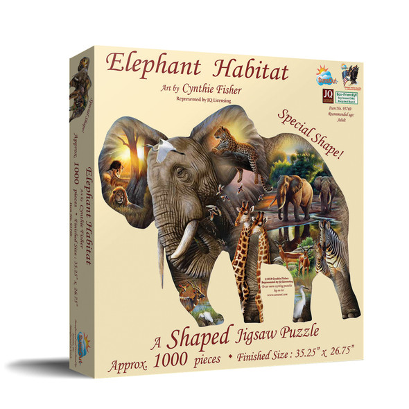 SUNSOUT INC - Elephant Habitat - 1000 pc Special Shape Jigsaw Puzzle by Artist: Cynthie Fisher - Finished Size 35.25" x 26.75" - MPN# 95769