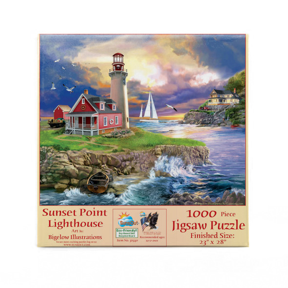 SUNSOUT INC - Sunset Point Lighthouse - 1000 pc Jigsaw Puzzle by Artist: Bigelow Illustrations - Finished Size 23" x 28" - MPN# 31540