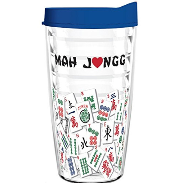 Tumbler 16 oz - Mahj Tile Design Tritan USA Drinkware (Blue Lid) for Mahjong Game