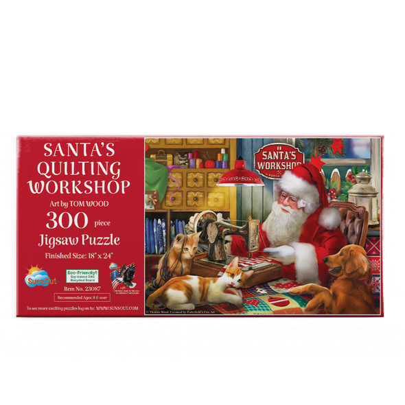 SUNSOUT INC - Santa's Quilting Workshop - 300 pc Jigsaw Puzzle by Artist: Tom Wood - Finished Size 18" x 24" Christmas - MPN# 23087