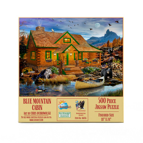 SUNSOUT INC - Blue Mountain Cabin - 500 pc Jigsaw Puzzle by Artist: Chris Dobrowolski - Finished Size 18" x 24" - MPN# 46036