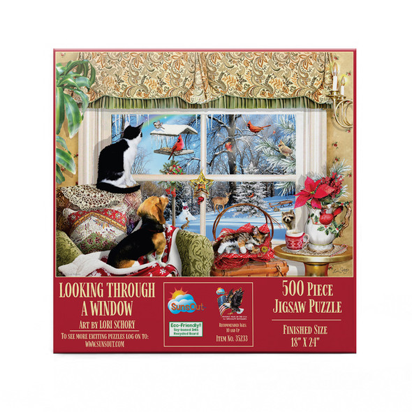 SUNSOUT INC - Looking Through a Window - 500 pc Jigsaw Puzzle by Artist: Lori Schory - Finished Size 18" x 24" Christmas - MPN# 35233