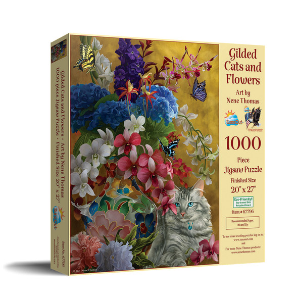 SUNSOUT INC - Gilded Cats And Flowers - 1000 pc Jigsaw Puzzle by Artist: Nene Thomas - Finished Size 20" x 27" - MPN# 67796