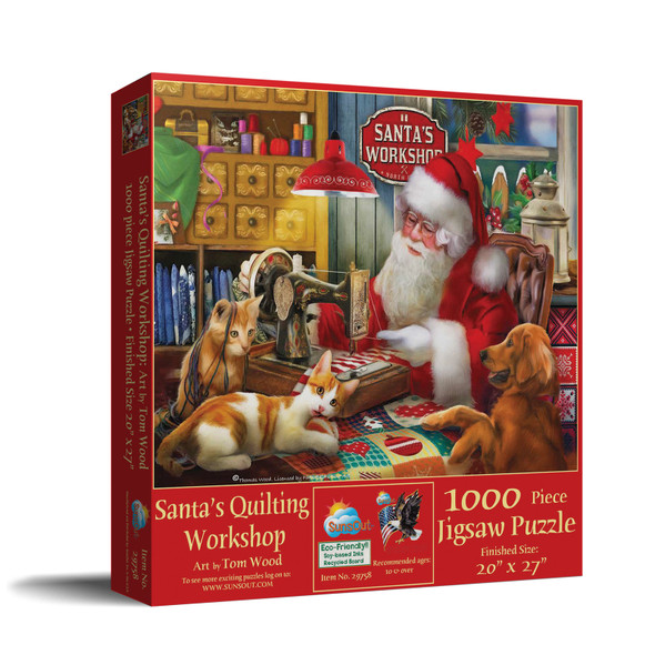 SUNSOUT INC - Santa's Quilting Workshop - 1000 pc Jigsaw Puzzle by Artist: Tom Wood - Finished Size 20" x 27" Christmas - MPN# 29758