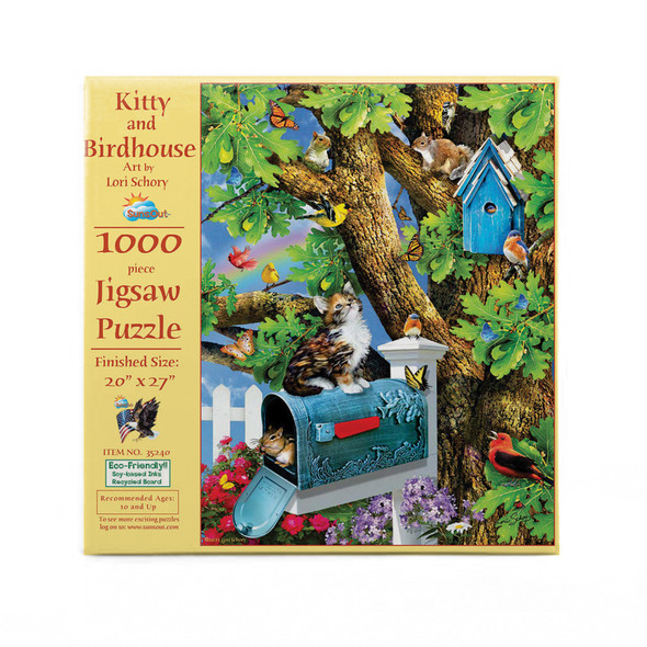 SUNSOUT INC - Kitty and Birdhouse - 1000 pc Jigsaw Puzzle by Artist: Lori Schory - Finished Size 20" x 27" - MPN# 35240