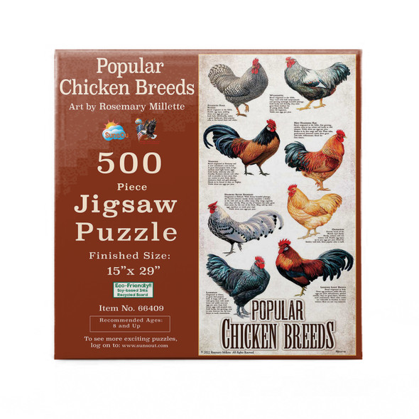 SUNSOUT INC - Popular Chicken Breeds - 500 pc Jigsaw Puzzle by Artist: Rosemary Millette - Finished Size 15" x 29" - MPN# 66409