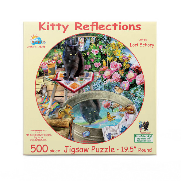 SUNSOUT INC - Kitty Reflections - 500 pc Round Jigsaw Puzzle by Artist: Lori Schory - Finished Size 19.5" rd Cat - MPN# 35256
