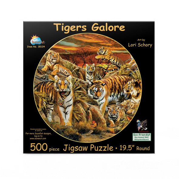 SUNSOUT INC - Tigers Galore - 500 pc Round Jigsaw Puzzle by Artist: Lori Schory - Finished Size 19.5" rd Tigers - MPN# 35124