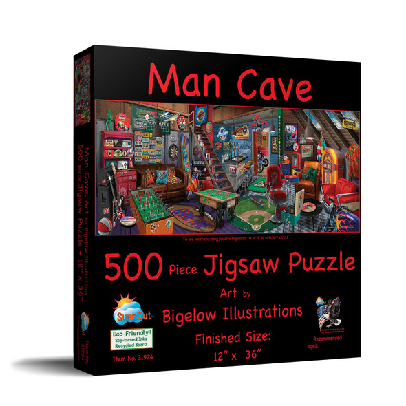 SUNSOUT INC - Man Cave - 500 pc Jigsaw Puzzle by Artist: Bigelow Illustrations - Finished Size 12" x 36" - MPN# 31924