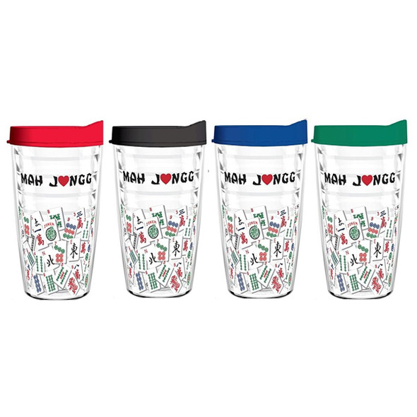 Tumbler 16 oz - Mah Jongg Tile Design Tritan USA Drinkware (4 pack -Asst 16oz Tumblers) for Mahjong Game