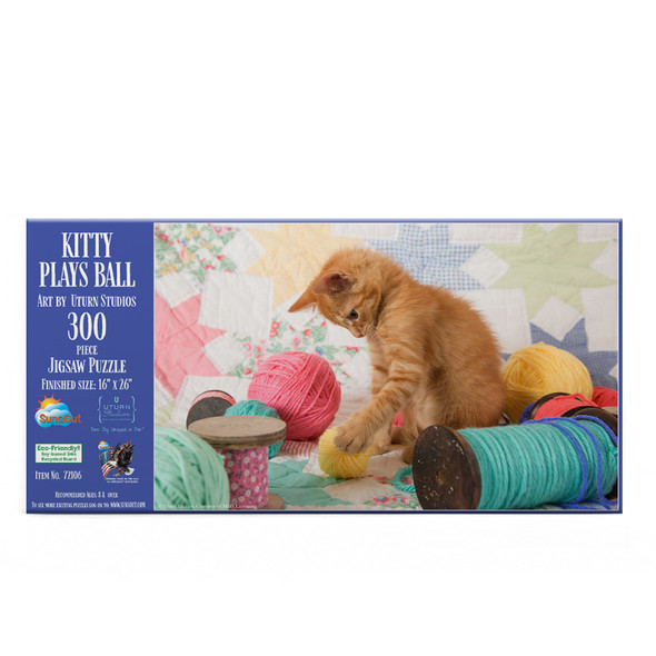 SUNSOUT INC - Kitty Plays Ball - 300 pc Jigsaw Puzzle by Artist: U-Turn Studios - Finished Size 16" x 26" - MPN# 72106