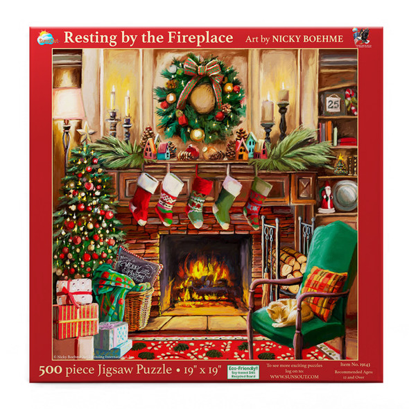 SUNSOUT INC - Resting by the Fireplace - 500 pc Christmas Jigsaw Puzzle by Artist: Nicky Boehme - Finished Size 19" x 19" - MPN# 19143