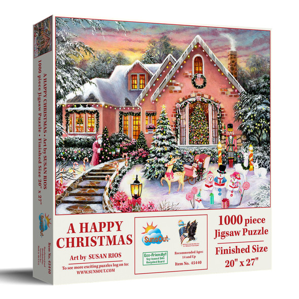 SUNSOUT INC - A Happy Christmas - 1000 pc Jigsaw Puzzle by Artist: Susan Rios - Finished Size 20" x 27" - MPN# 45440