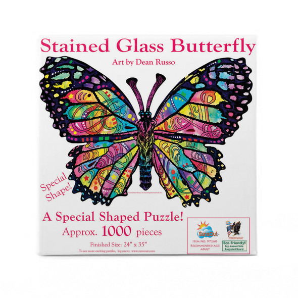 SUNSOUT INC - Stained Glass Butterfly - 1000 pc Special Shape Jigsaw Puzzle by Artist: Dean Russo - Finished Size 24" x 35" - MPN# 97260