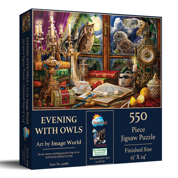SUNSOUT INC - Evening with Owls - 550 pc Jigsaw Puzzle by Artist: Image World - Finished Size 15" x 24" - MPN# 42985