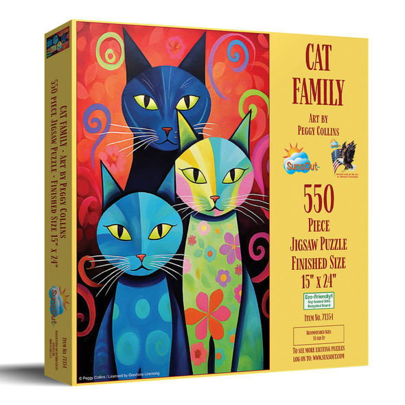 SUNSOUT INC - Cat Family - 550 pc Jigsaw Puzzle by Artist: Peggy Collins - Finished Size 15" x 24" - MPN# 71354