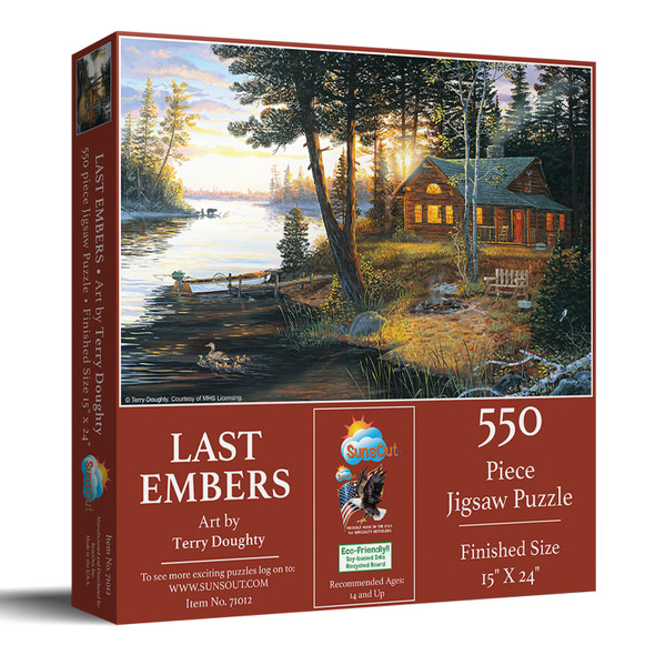 SUNSOUT INC - Last Embers - 550 pc Jigsaw Puzzle by Artist: Terry Doughty - Finished Size 15" x 24" - MPN# 71012 - Lakeside Cabin