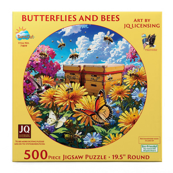 SUNSOUT INC - Butterflies and Bees - 500 pc Round Jigsaw Puzzle by Artist: JQ Licensing - Finished Size 19.5" Rd - MPN# 71819