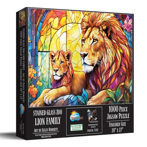 SUNSOUT INC - Stained Glass Zoo - Lion Family - 1000 pc Jigsaw Puzzle by Artist: Kelly Roberts - Finished Size 20" x 27" - MPN# 73312